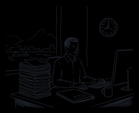 Un analyste à son bureau : une pile de dossiers d’un côté, un seul ouvert devant lui, une horloge au mur, la rade et la montagne par la fenêtre.